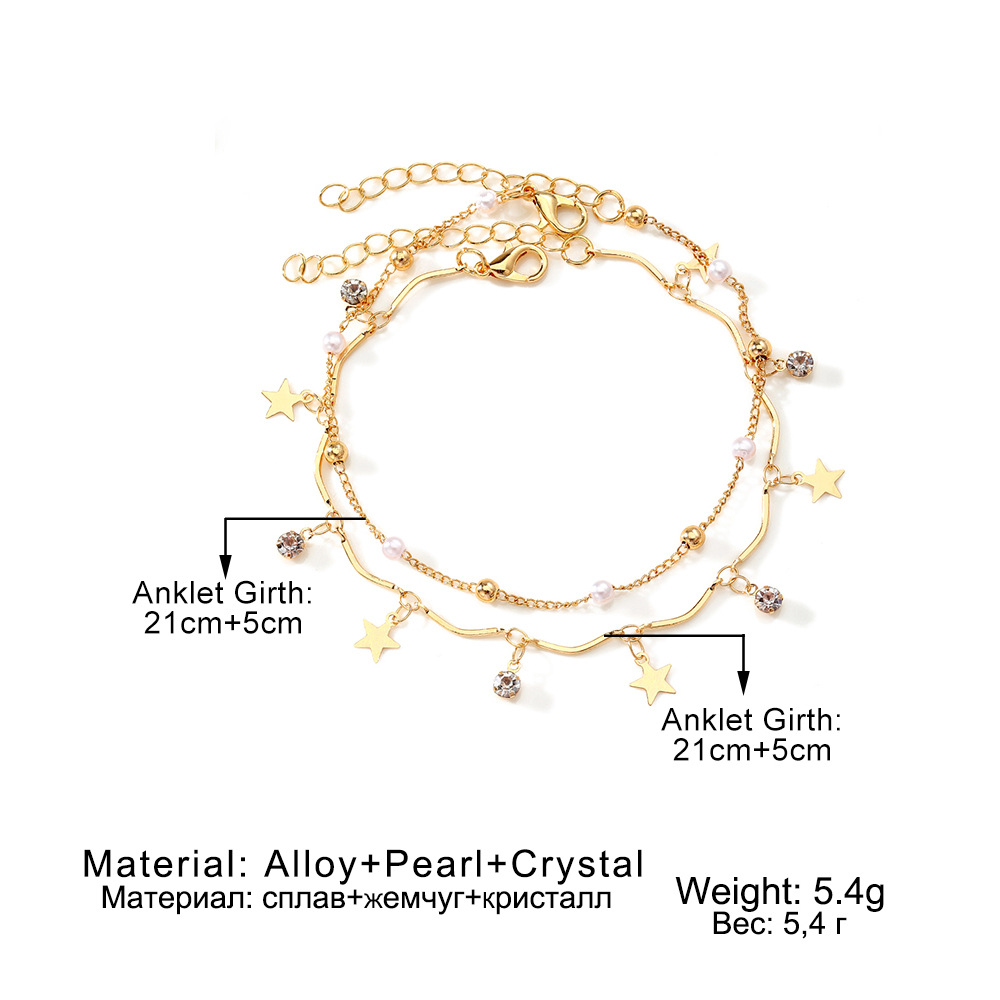 Delicate Double-Layer Star and Pearl Anklet Set Adjustable Gold Chain