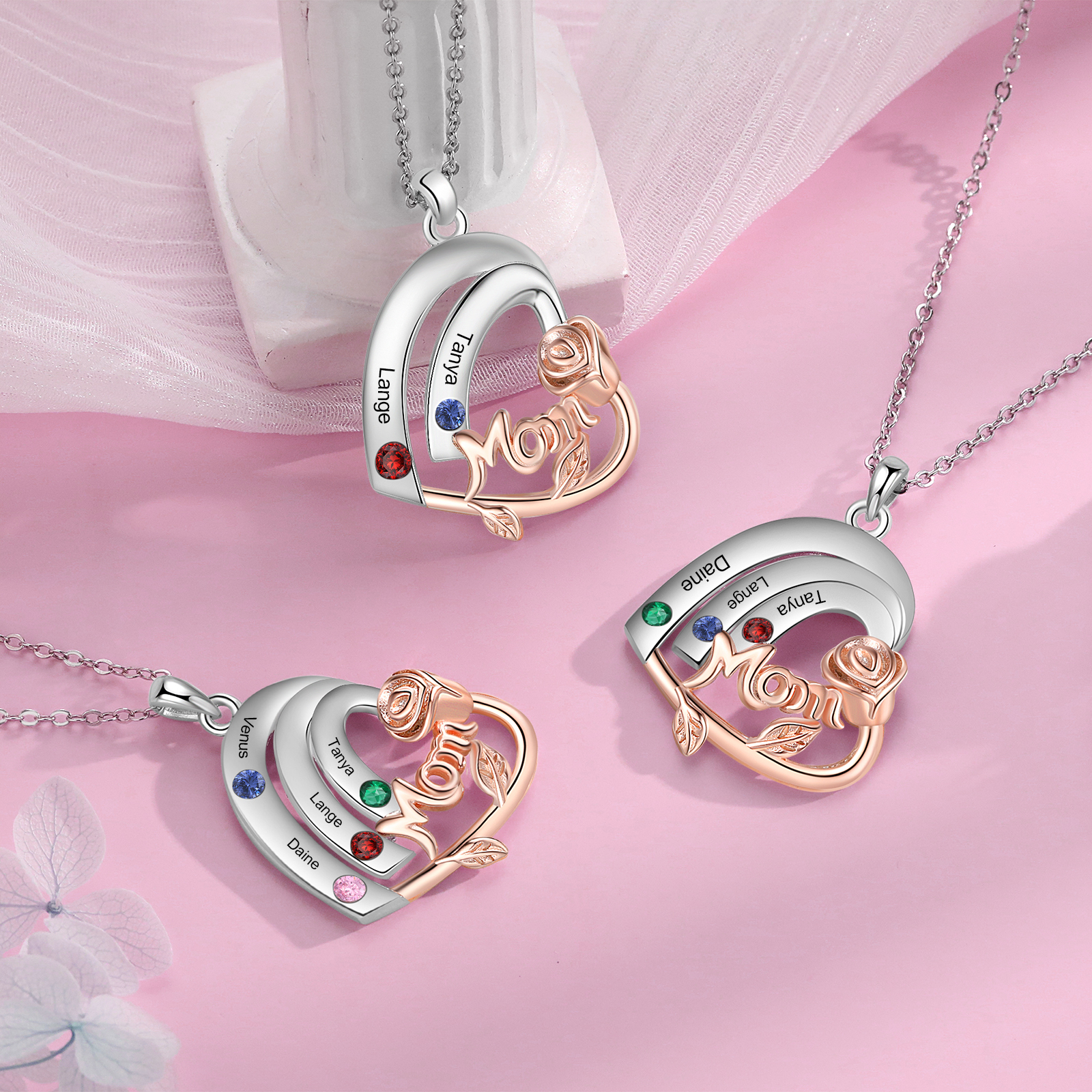 Personalised Heart Pendant Necklace Custom 3 Birthstones & 3 Names Birthday Gift for Mom/Grandma-Jessemade AU