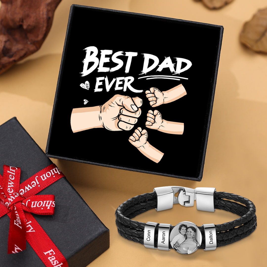 Personalised Men's Leather Bracelet Custom 3 Names & 1 Photo Braided Bracelet Father's Day Gifts for Him-Jessemade AU