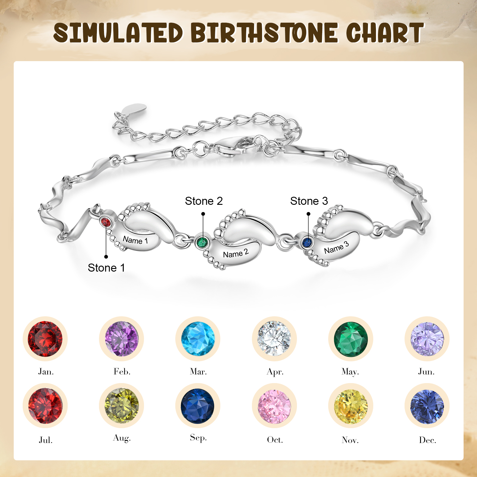 Personalised Baby Feet Bracelet Custom 3 Birthstones & 3 Names Adjustable Bracelet Gift for Her-Jessemade AU