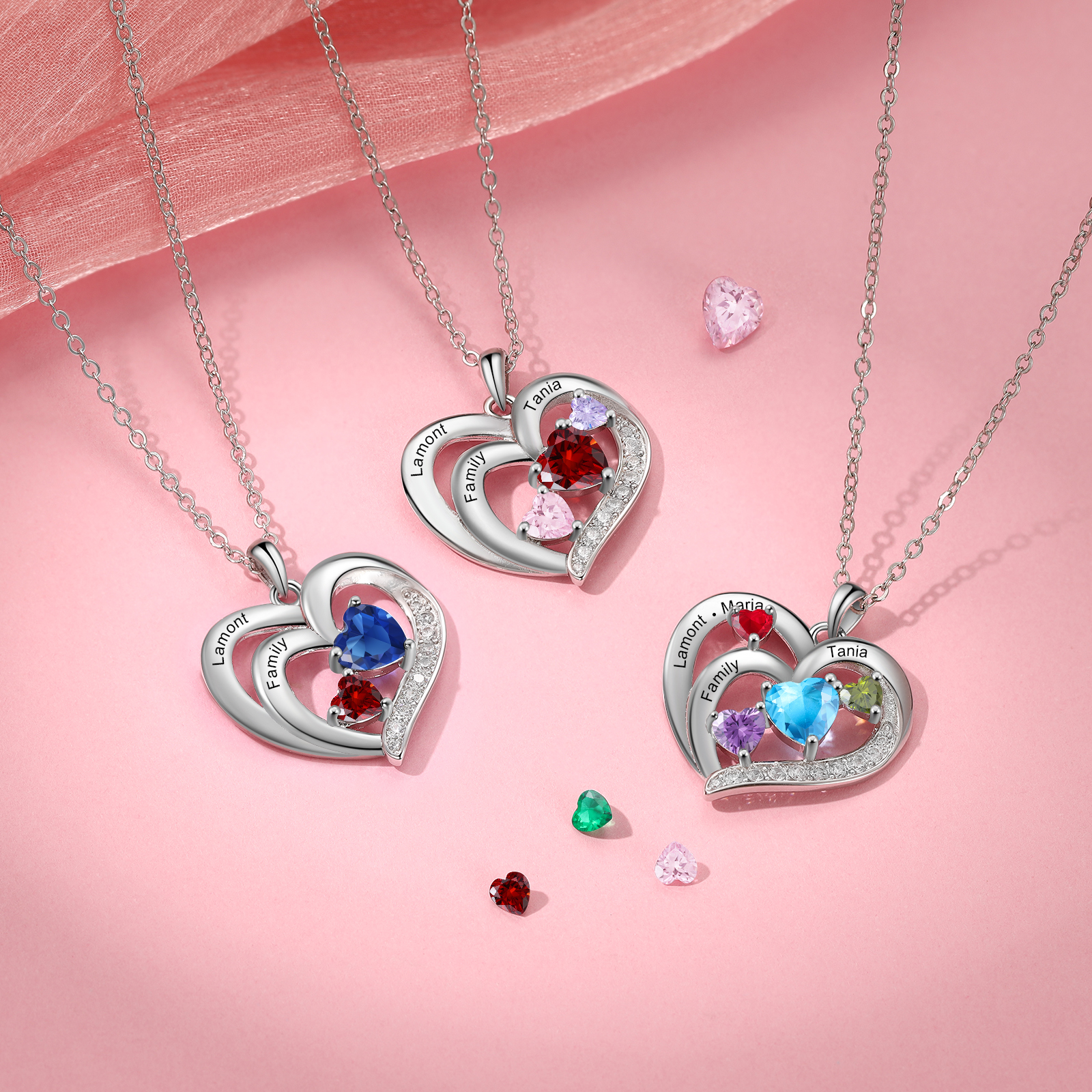 Personalised Heart Birthstone Necklace Custom 4 Names 4 Stones Intertwined Mother Necklace Gift for Her-Jessemade AU