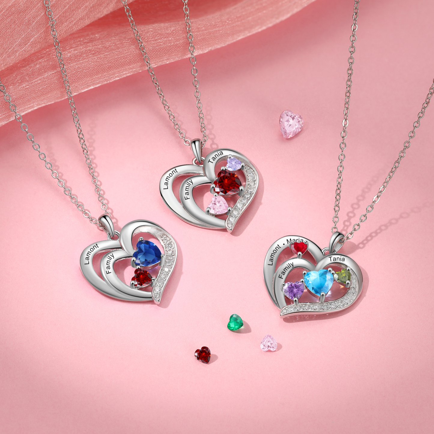 Personalised Heart Birthstone Necklace Custom 4 Names 4 Stones Intertwined Mother Necklace Gift for Her-Jessemade AU