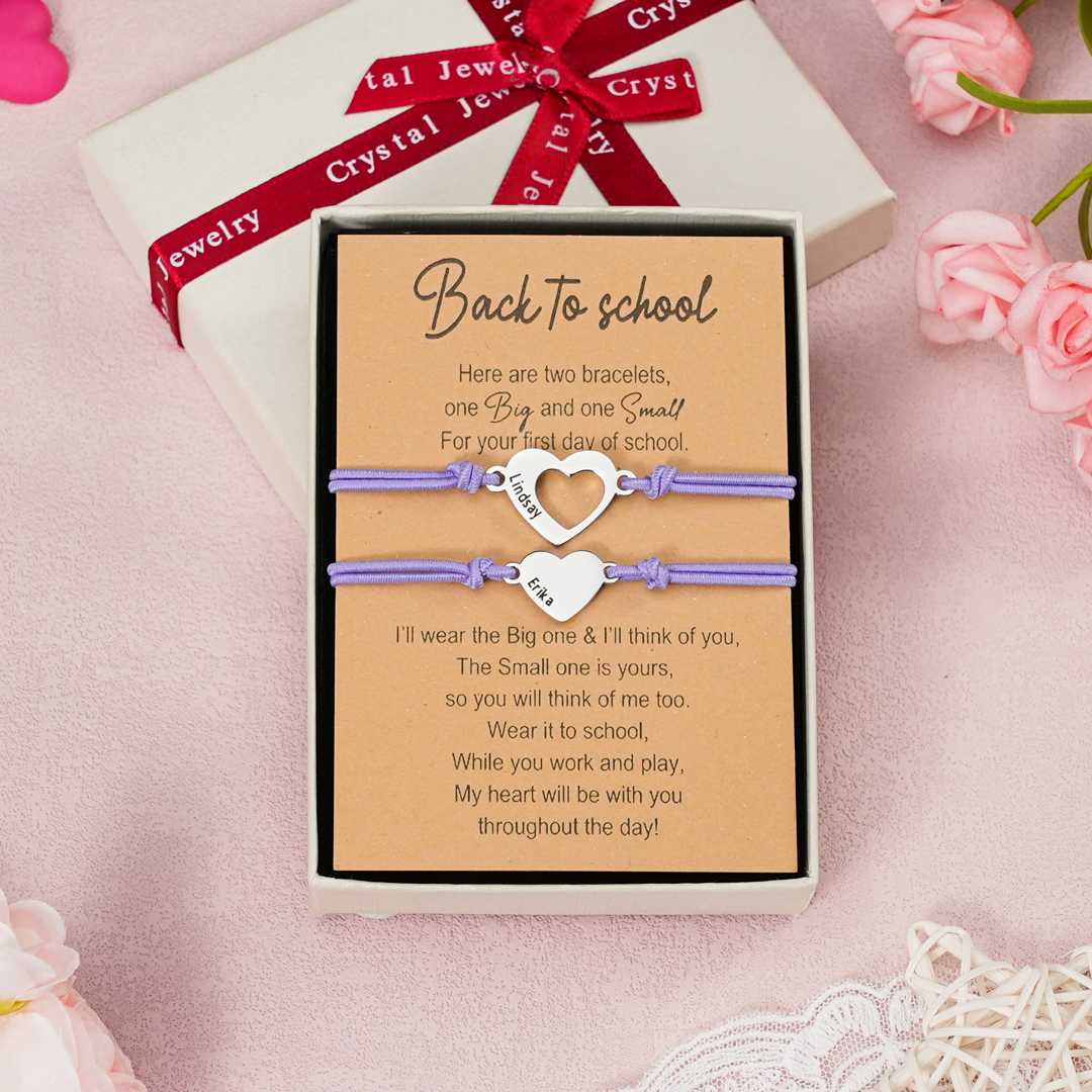 2 Pcs Heart Bracelet Set Custom 2 Names Adjustable Bracelets Back to School Gifts for Daughter Granddaughter-Jessemade AU