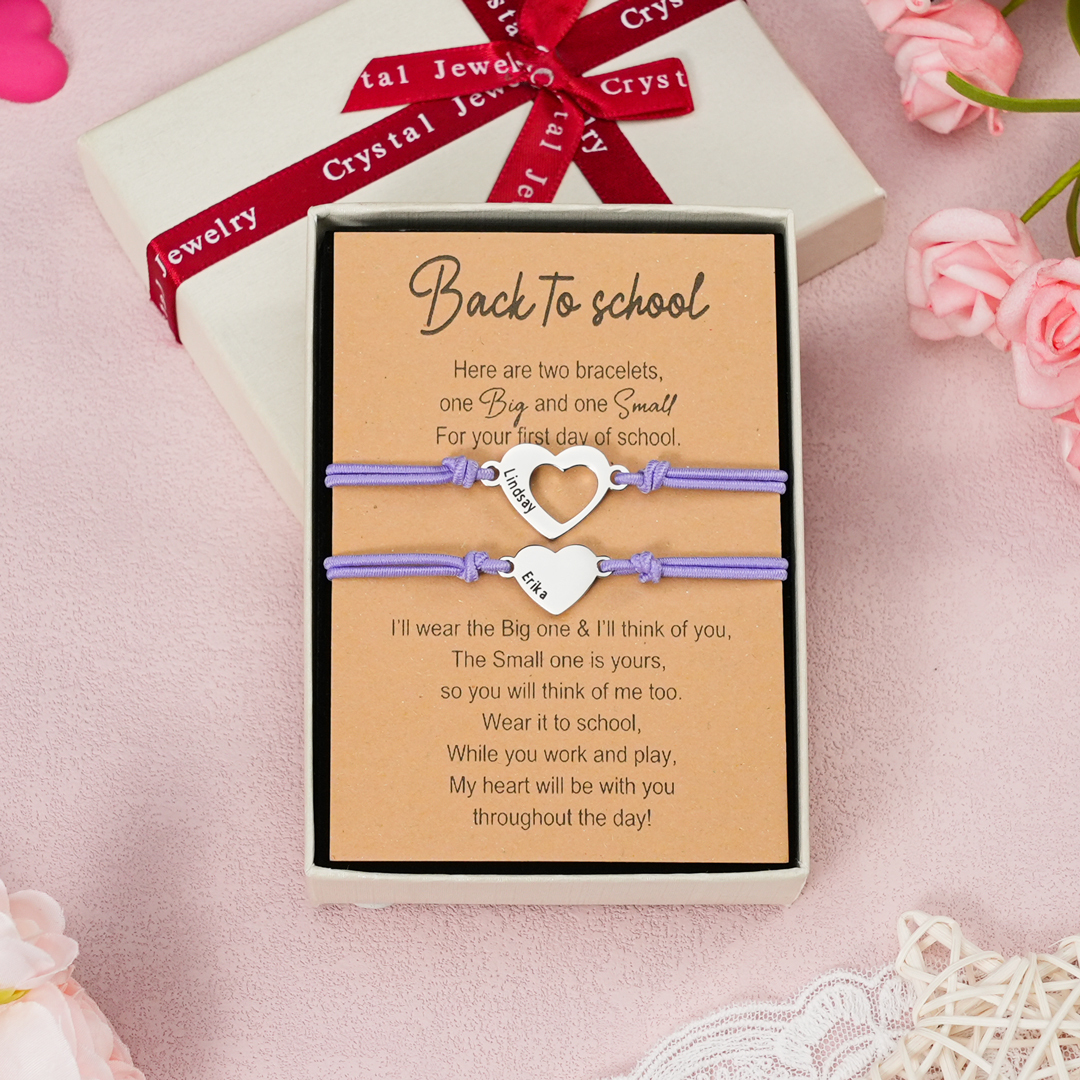 2 Pcs Heart Bracelet Set Custom 2 Names Adjustable Bracelets Back to School Gifts for Daughter Granddaughter-Jessemade AU