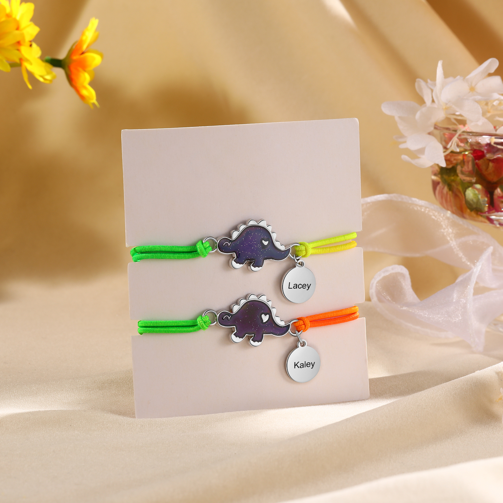 2 Pcs Bracelet Set Custom Names Dinosaur Charm Hair Ties Back To School Gift for Daughters - My Heart Will Be With You Throughout The Day-Jessemade AU