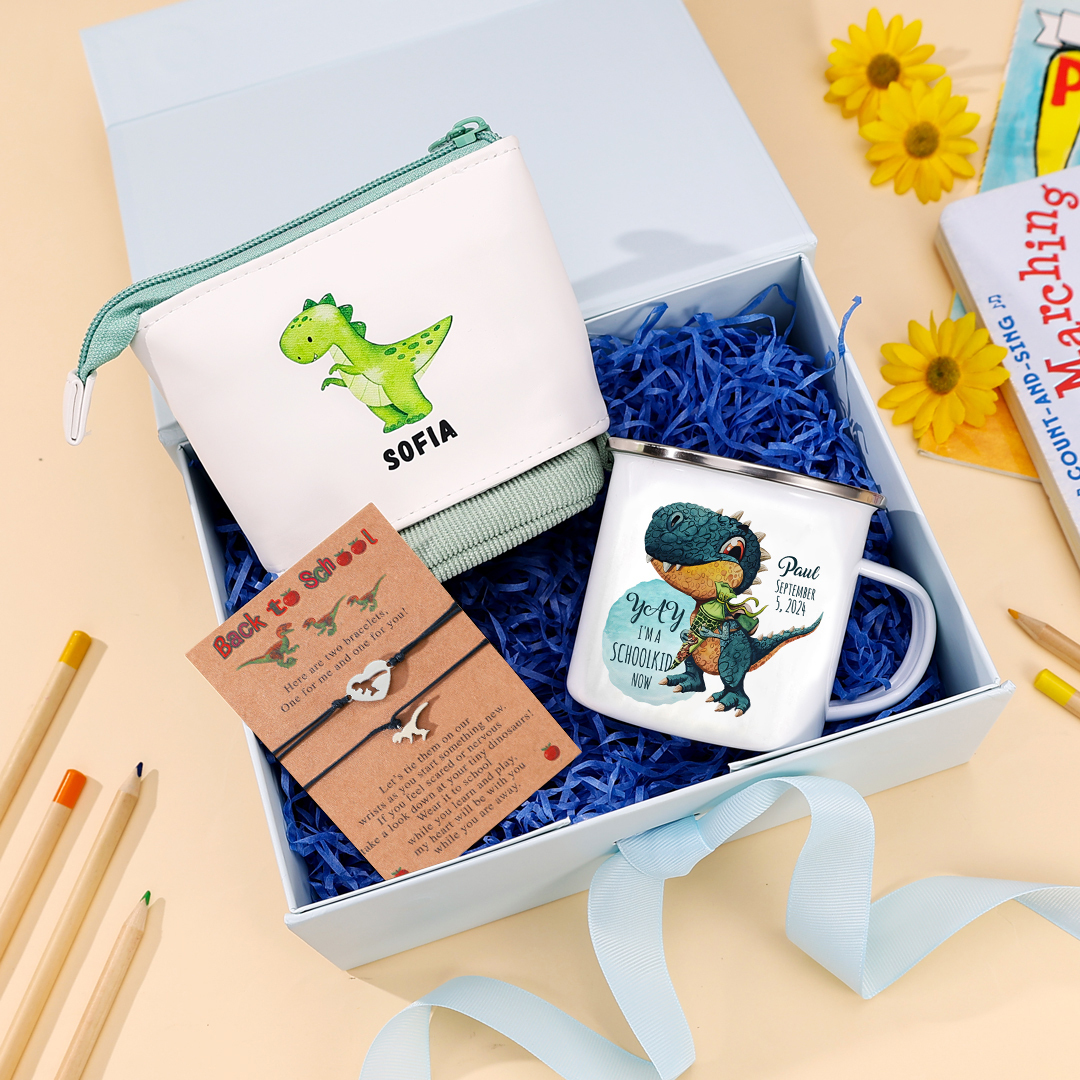 Personalised Date & Name & Dinosaur Pattern Gift Set Custom Enamel Mug & Pencil Case & Bracelets Gift Set Back-to-School Gifts for Kids