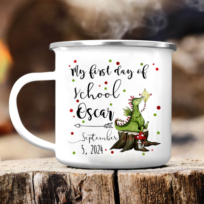 Personalised Enamel Mug Custom Name & Date Dinosaur Cup Back to School Gift for Kids - My First Day Of School-Jessemade AU