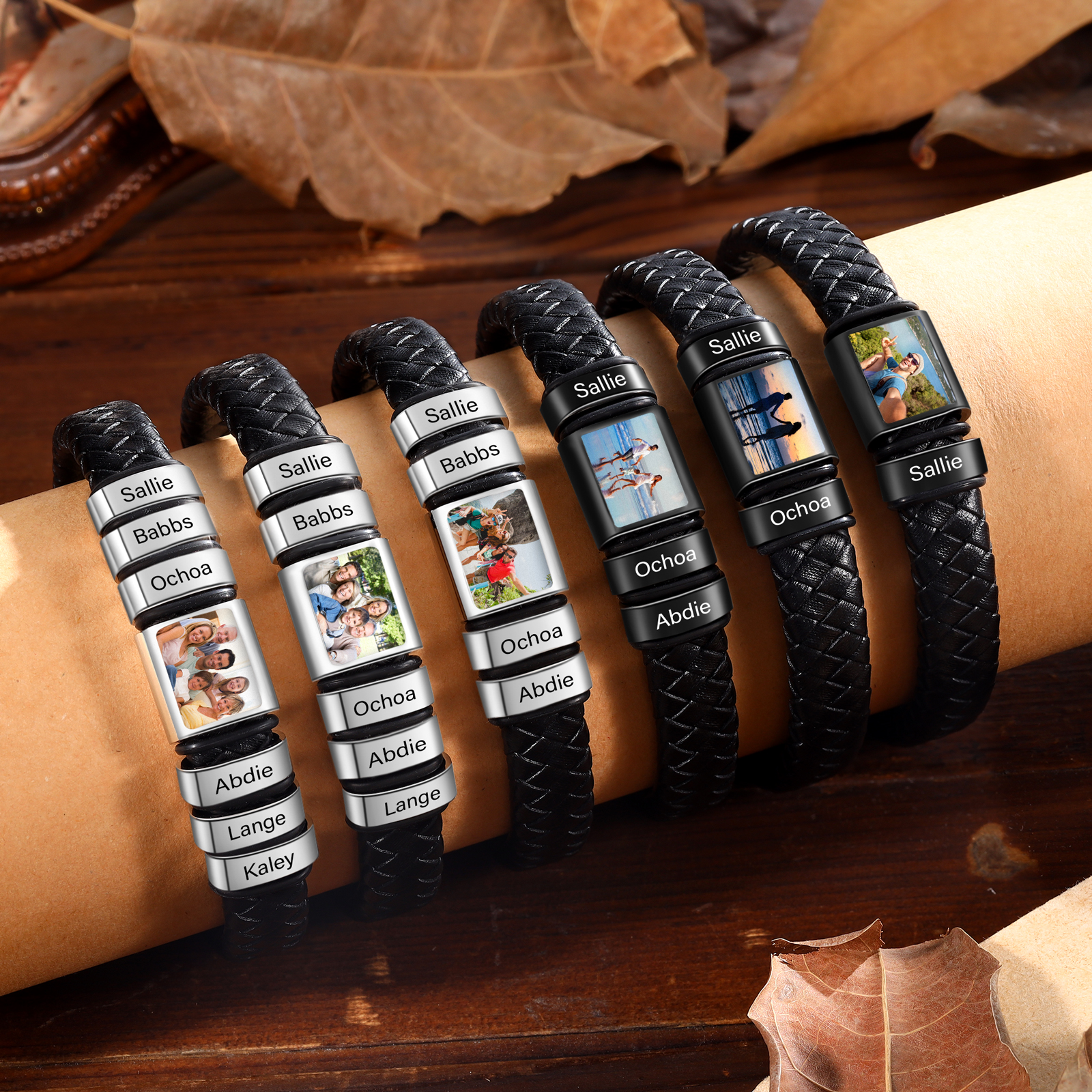 Personalised Men's Leather Bracelet Custom 1 Photo & 1–6 Names Black Silver Gifts for Him