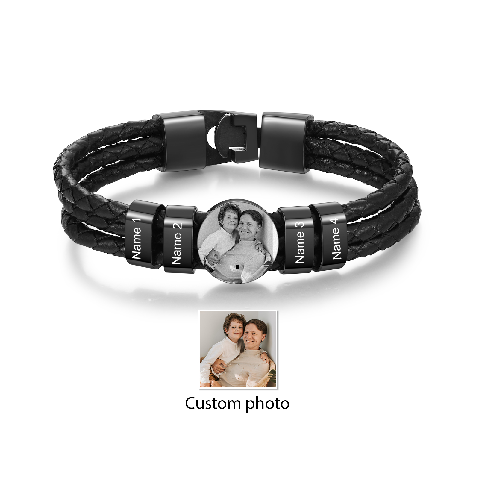 Personalised Men's Leather Bracelet Custom 4 Names & 1 Photo Braided Bracelet Father's Day Gifts for Him-Jessemade AU