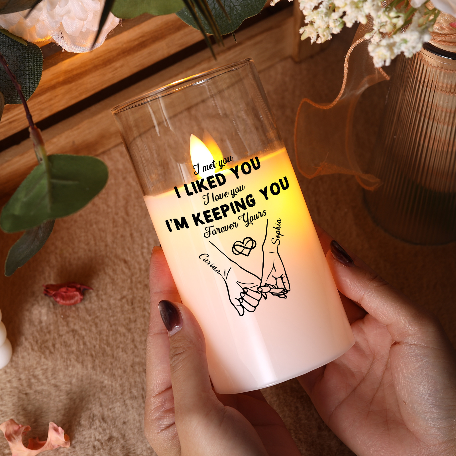 Personalised LED Candle with Names on the Glass – Romantic Gift for a Couple