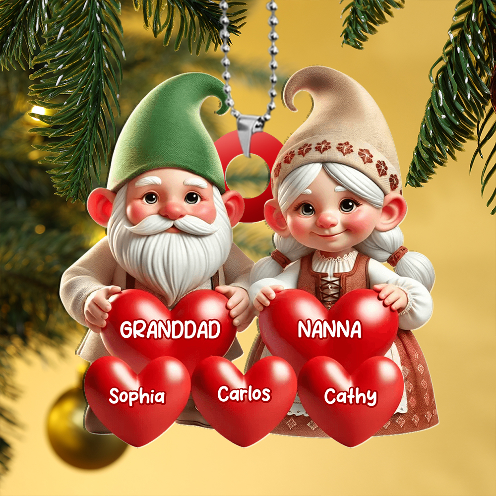 Christmas Tree Decoration Gnome Family - Personalised Hearts and Name
