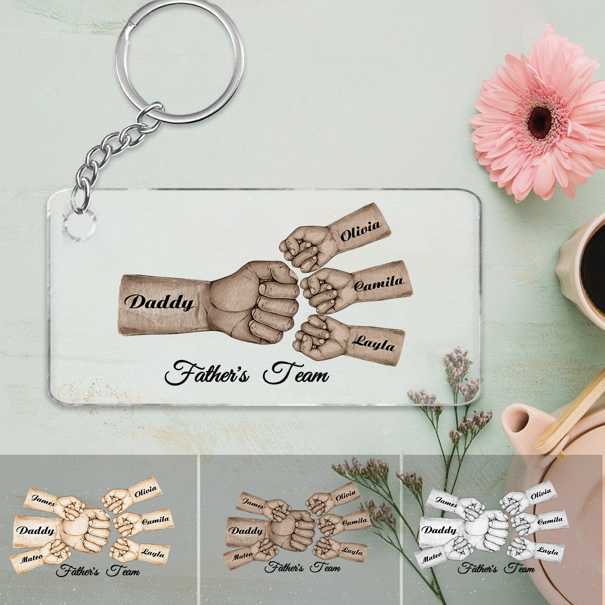 4 Names - Personalised Text & Name Acrylic Keychain Fist Bump Fathers Day Gifts for Dad/Grandpa-Jessemade AU