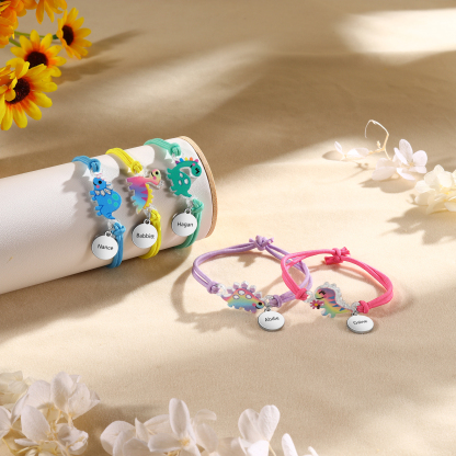 2 Pcs Bracelet Set Custom Names Yellow Dinosaur Charm Hair Ties Back To School Gift for Girls - My Heart Will Be With You Throughout The Day-Jessemade AU