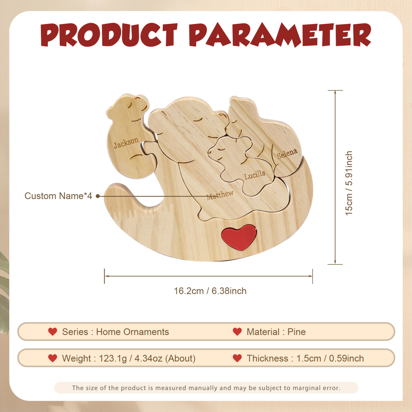 Personalised Wooden Bear Family Puzzles Custom 4 Names Animal Heart Ornaments Fathers Day Gifts-Jessemade AU