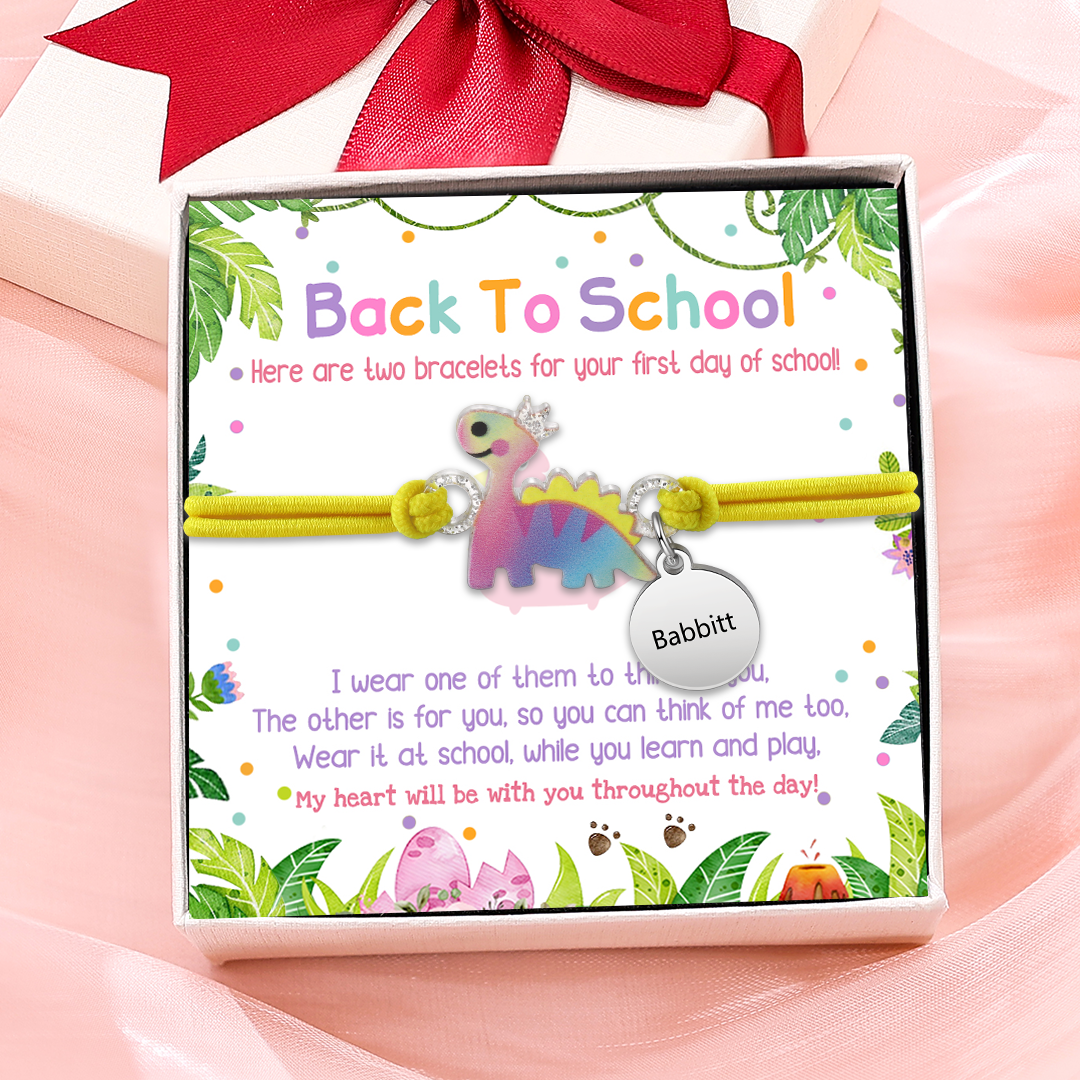 2 Pcs Bracelet Set Custom Names Yellow Dinosaur Charm Hair Ties Back To School Gift for Girls - My Heart Will Be With You Throughout The Day