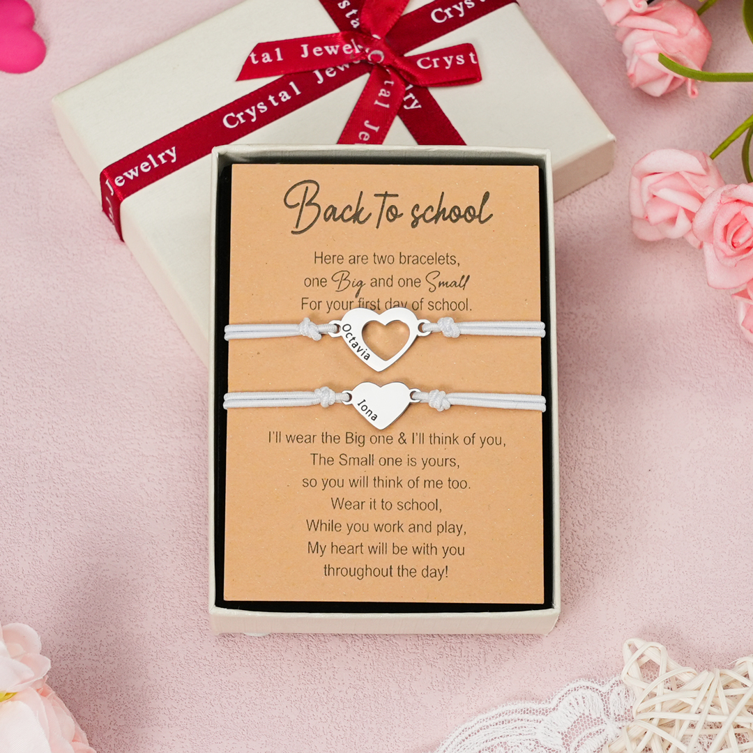 2 Pcs Heart Bracelet Set Custom 2 Names Adjustable Bracelets Back to School Gifts for Daughter Granddaughter-Jessemade AU