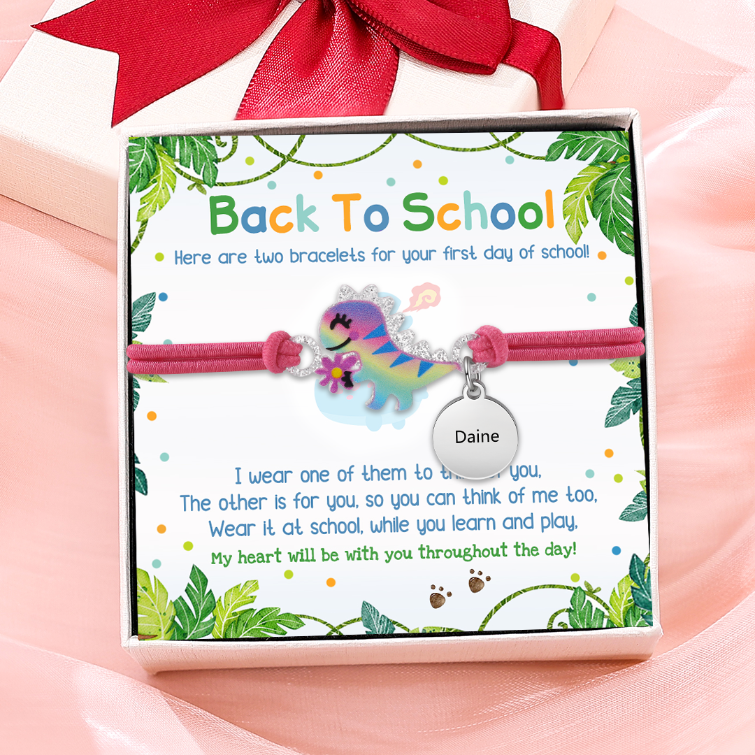 2 Pcs Bracelet Set Custom Names Red Dinosaur Charm Hair Ties Back To School Gift for Girls - My Heart Will Be With You Throughout The Day
