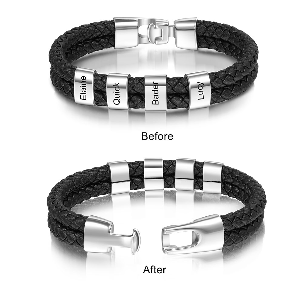 4 Names Personalised Braided Leather Bracelet Engraved Men's Bracelet for Him