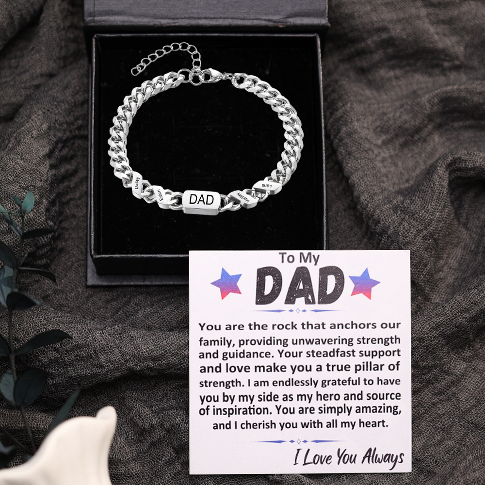 Personalised Cuban Chain Bracelet, Custom Text & 4 Names Engraved Gift for Men | Jessemade