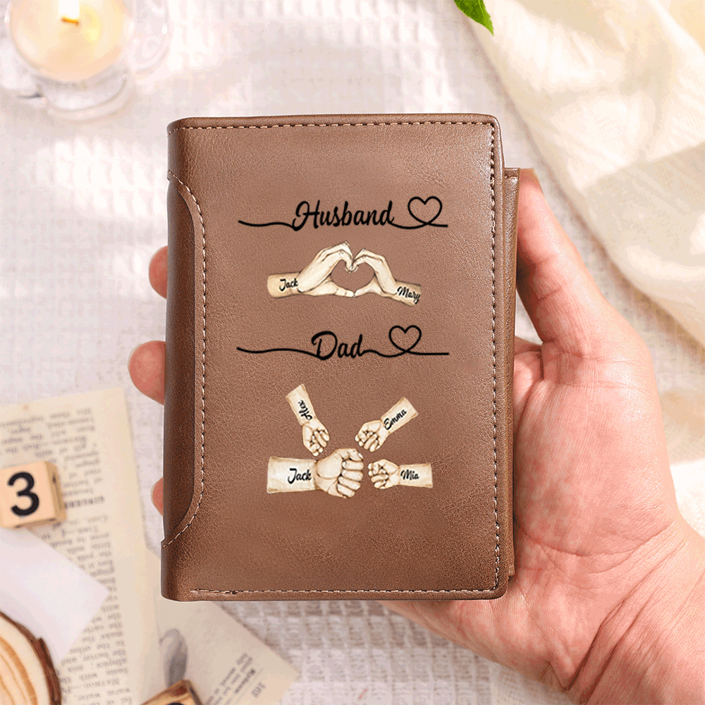 Personalised Wallet with 2–10 Names and Fists PU Leather Wallet Father's Day Gift for Dad or Husband | Jessemade
