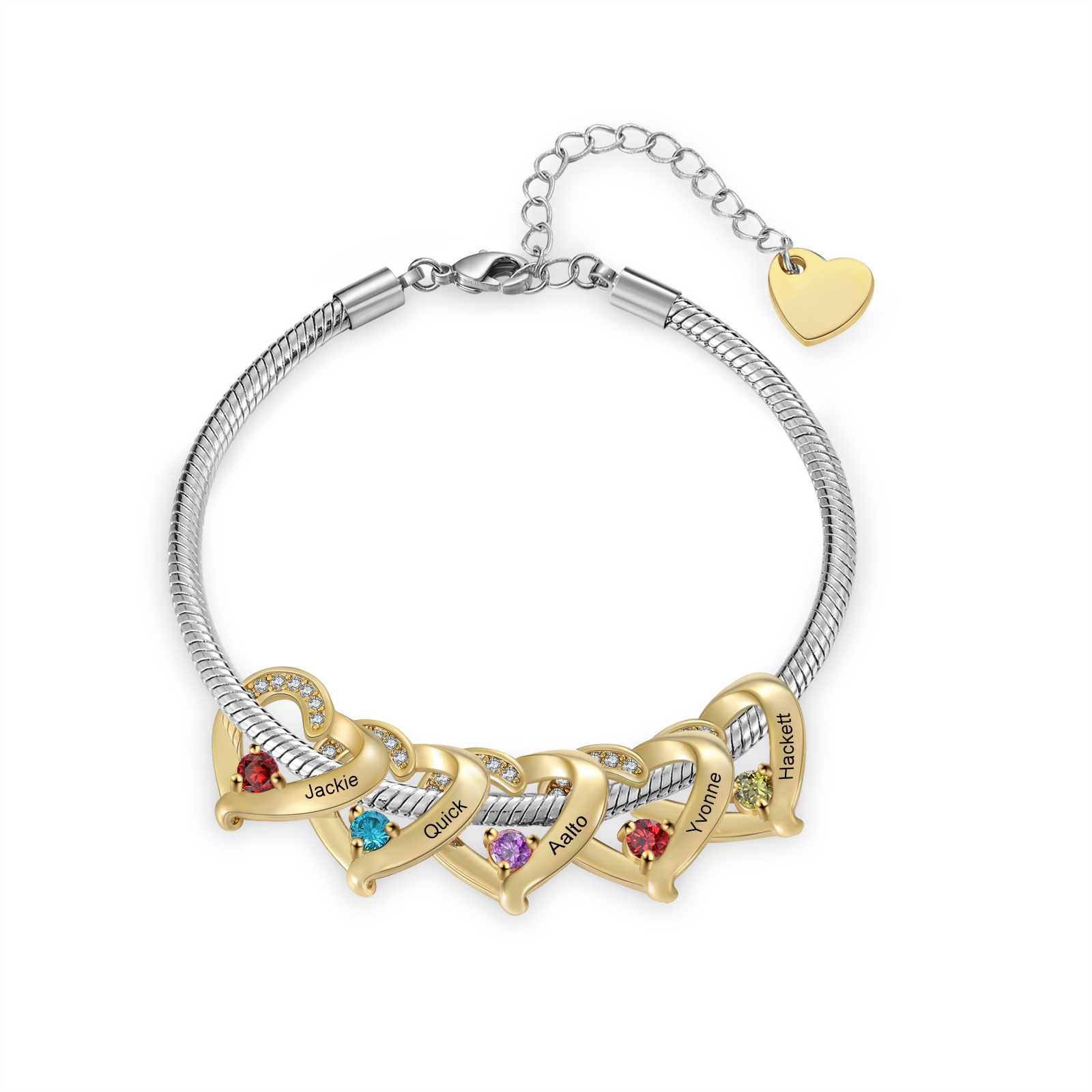Personalised Bracelet with 1-5 Names and Birthstones Heart Bracelet for Women | Jessemade