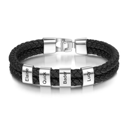 4 Names Personalised Braided Leather Bracelet Engraved Men's Bracelet for Him