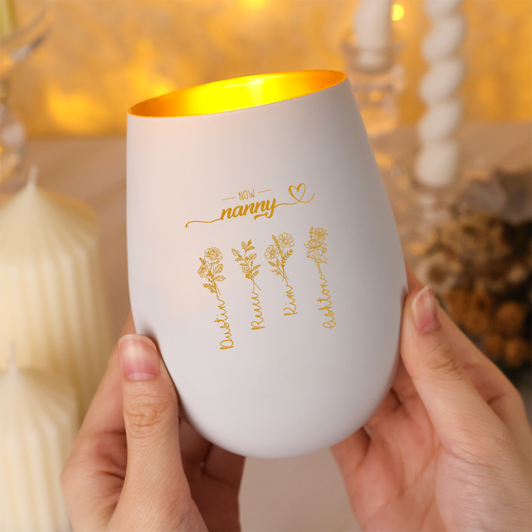 Personalized Glass Candle Holder with 2–10 birth flowers and names for mum/grandma