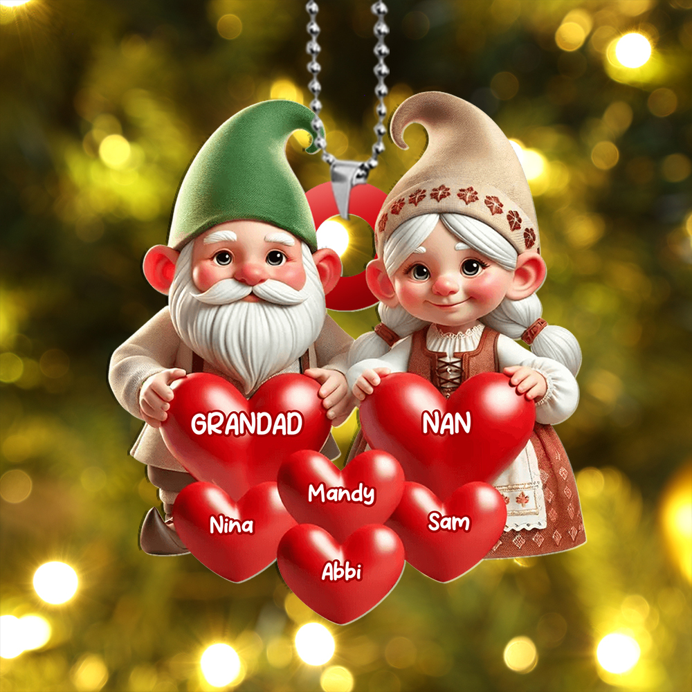Christmas Tree Decoration Gnome Family - Personalised Hearts and Name
