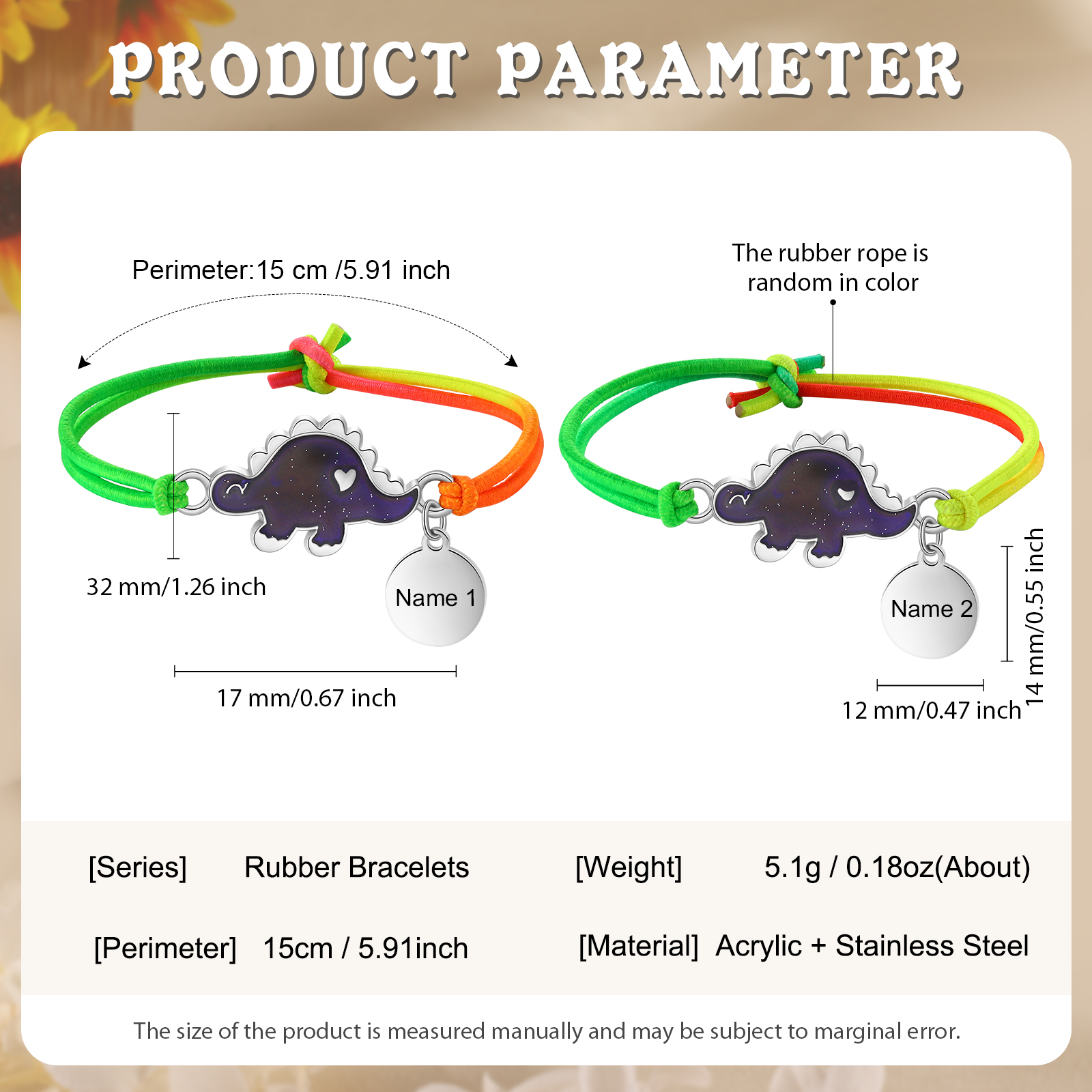 2 Pcs Bracelet Set Custom Names Dinosaur Charm Hair Ties Back To School Gift for Daughters - My Heart Will Be With You Throughout The Day-Jessemade AU