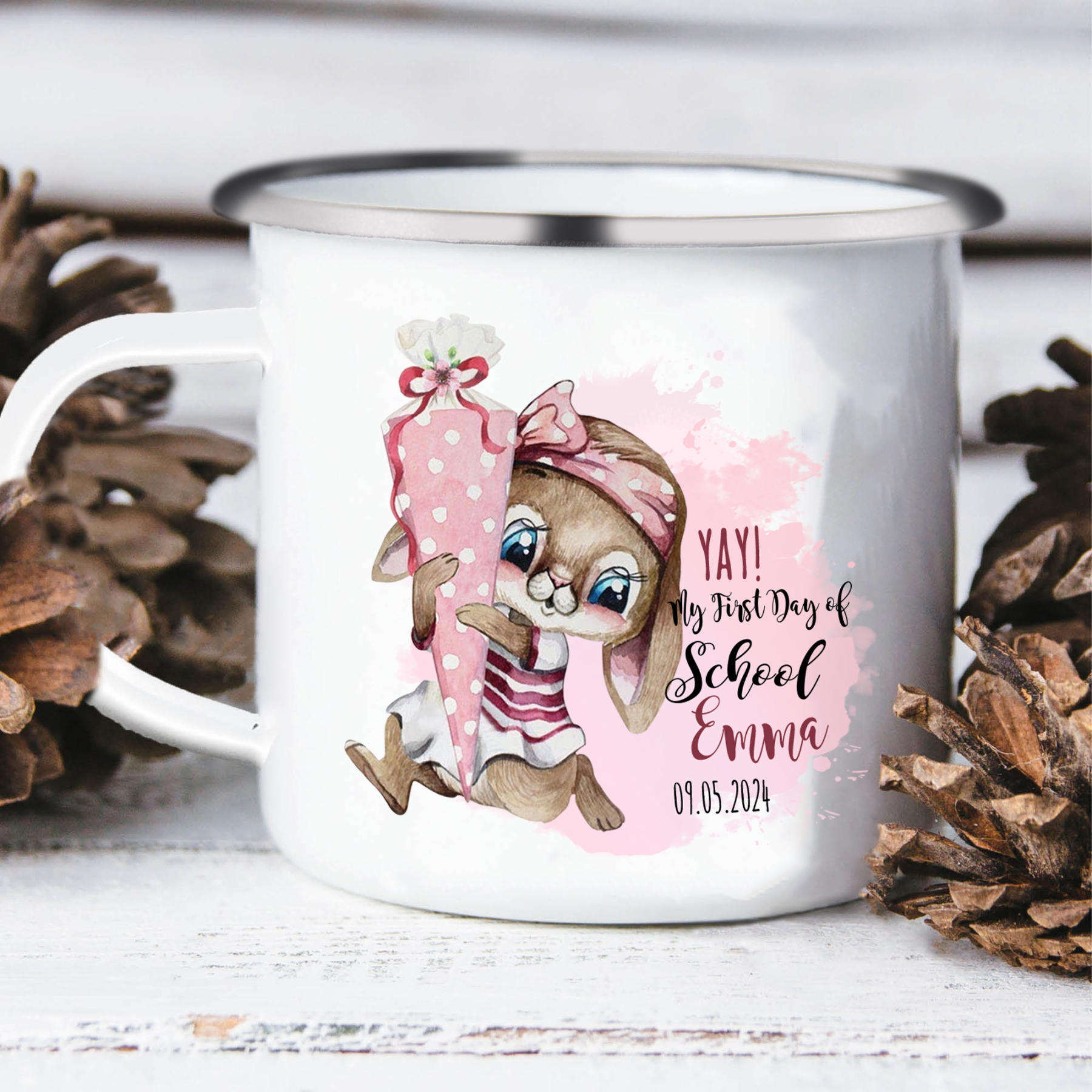 Personalised Enamel Mug Custom Name & Date Bunny Cup Back to School Gift for Daughter  - Yay, My First Day Of School-Jessemade AU