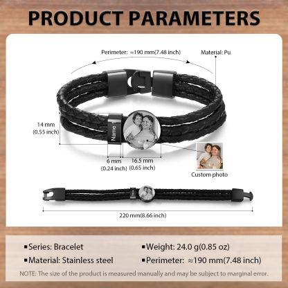 Personalised Men's Leather Bracelet Custom 1 Name & 1 Photo Braided Bracelet Father's Day Gifts for Him-Jessemade AU