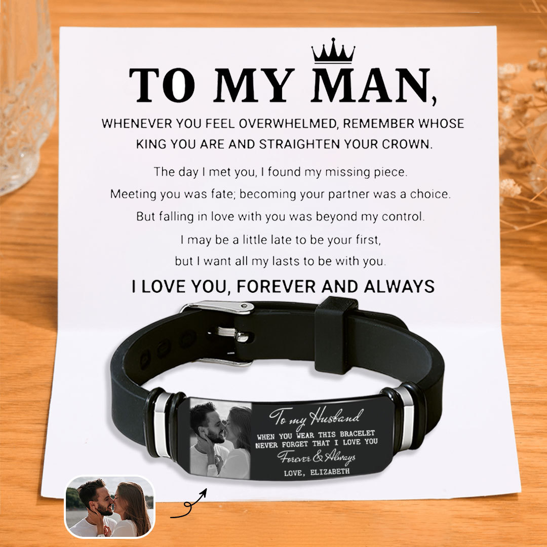 Personalised Mens Bracelet To My Man Never Forget I Love You Custom 1 Photo and 1 Name Gift Set for Him