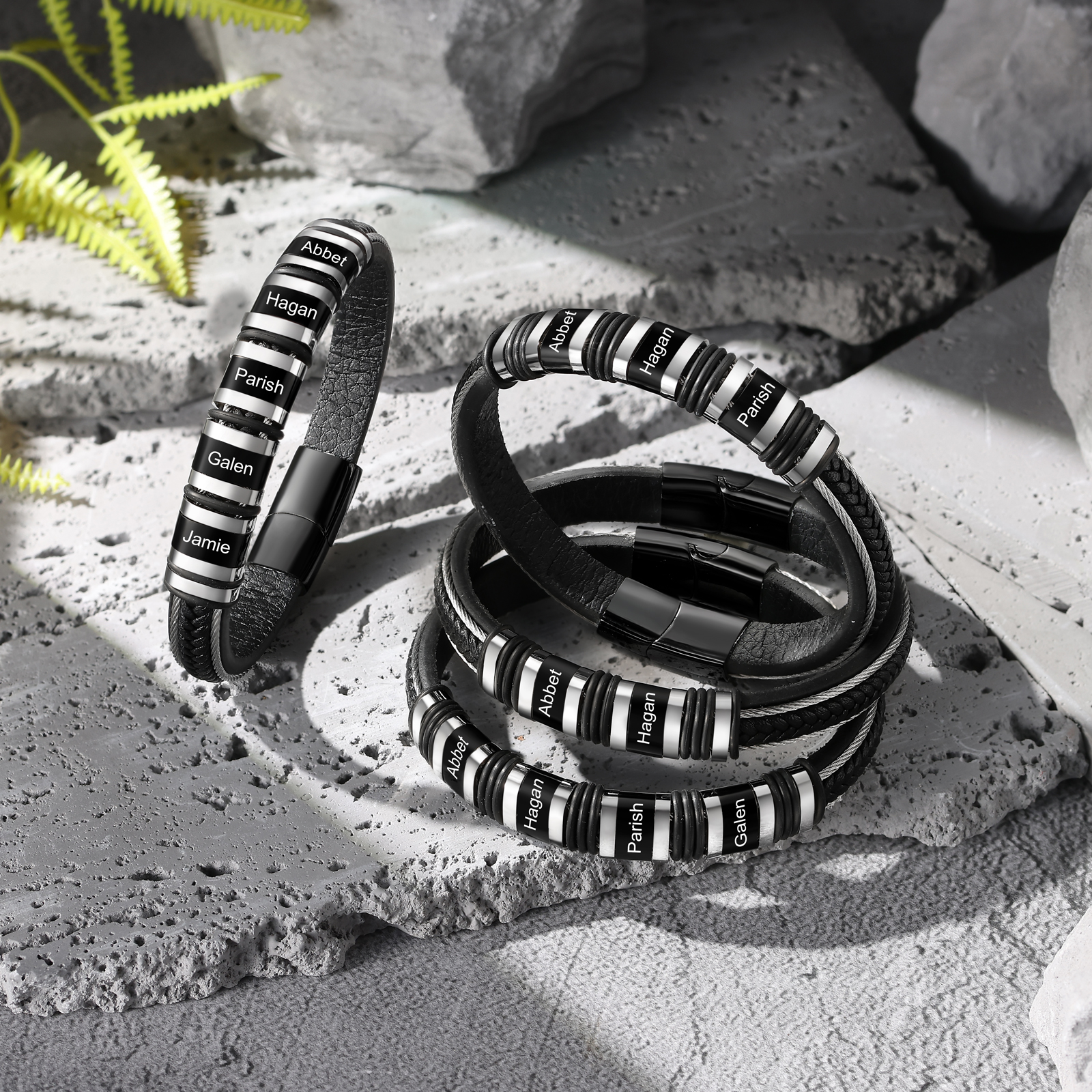 Personalised Men Leather Stainless Steel Bracelet with 2 Names - Custom Gift for Him | Jessemade