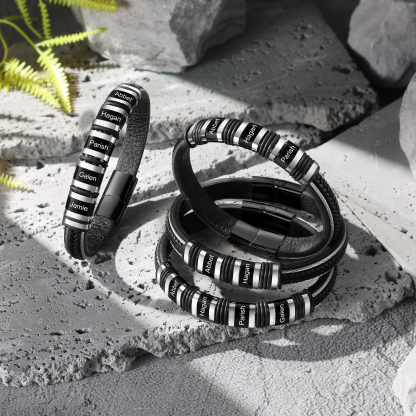 Personalised Men Leather Stainless Steel Bracelet with 2 Names - Custom Gift for Him | Jessemade