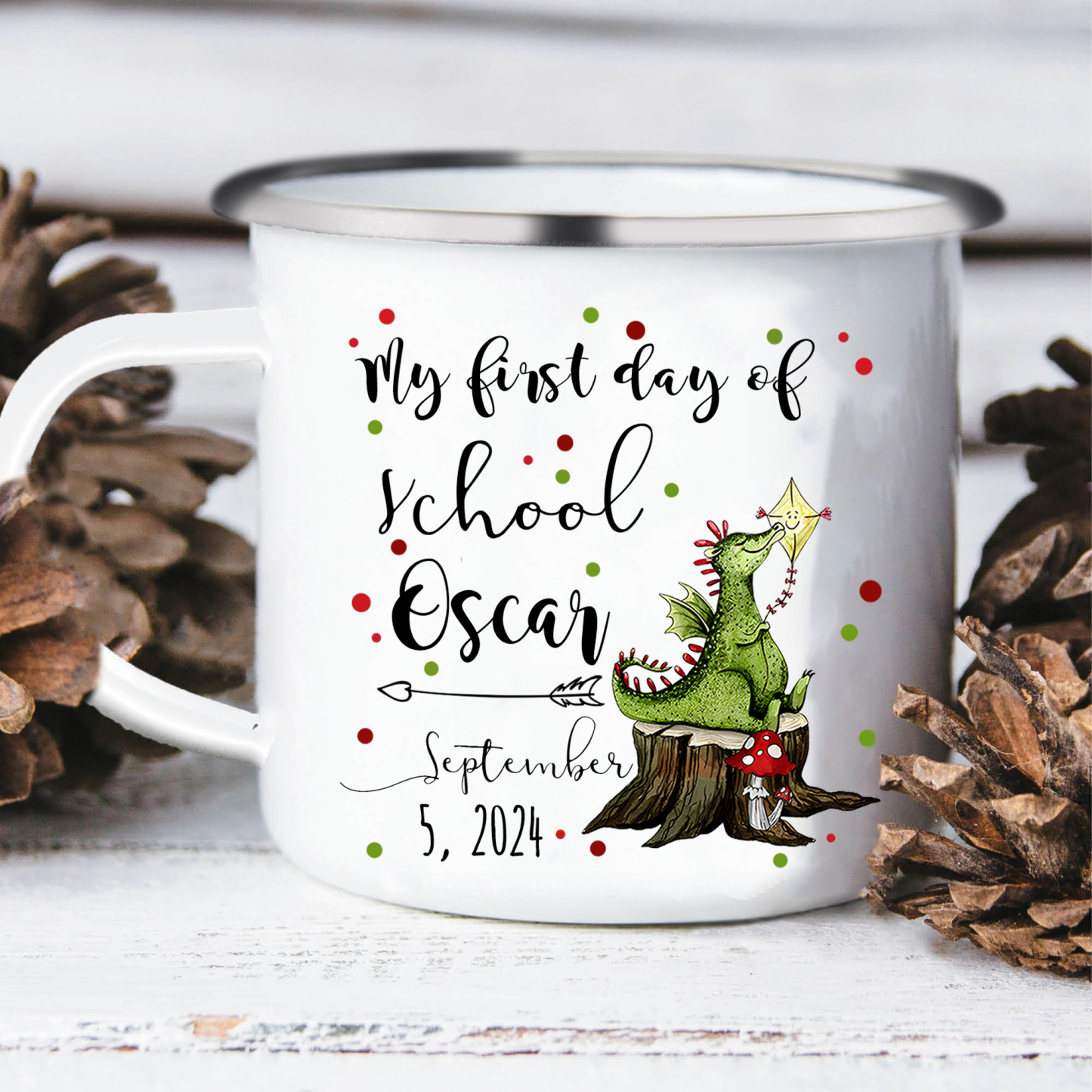 Personalised Enamel Mug Custom Name & Date Dinosaur Cup Back to School Gift for Kids - My First Day Of School-Jessemade AU