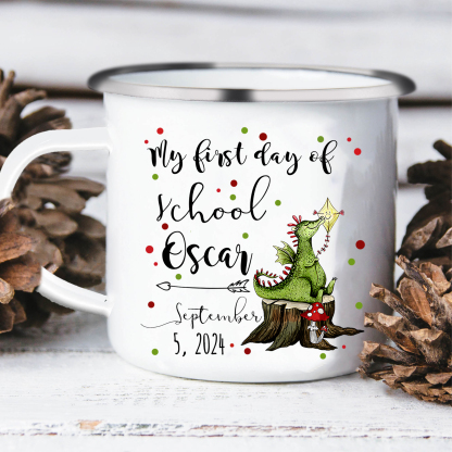 Personalised Enamel Mug Custom Name & Date Dinosaur Cup Back to School Gift for Kids - My First Day Of School-Jessemade AU