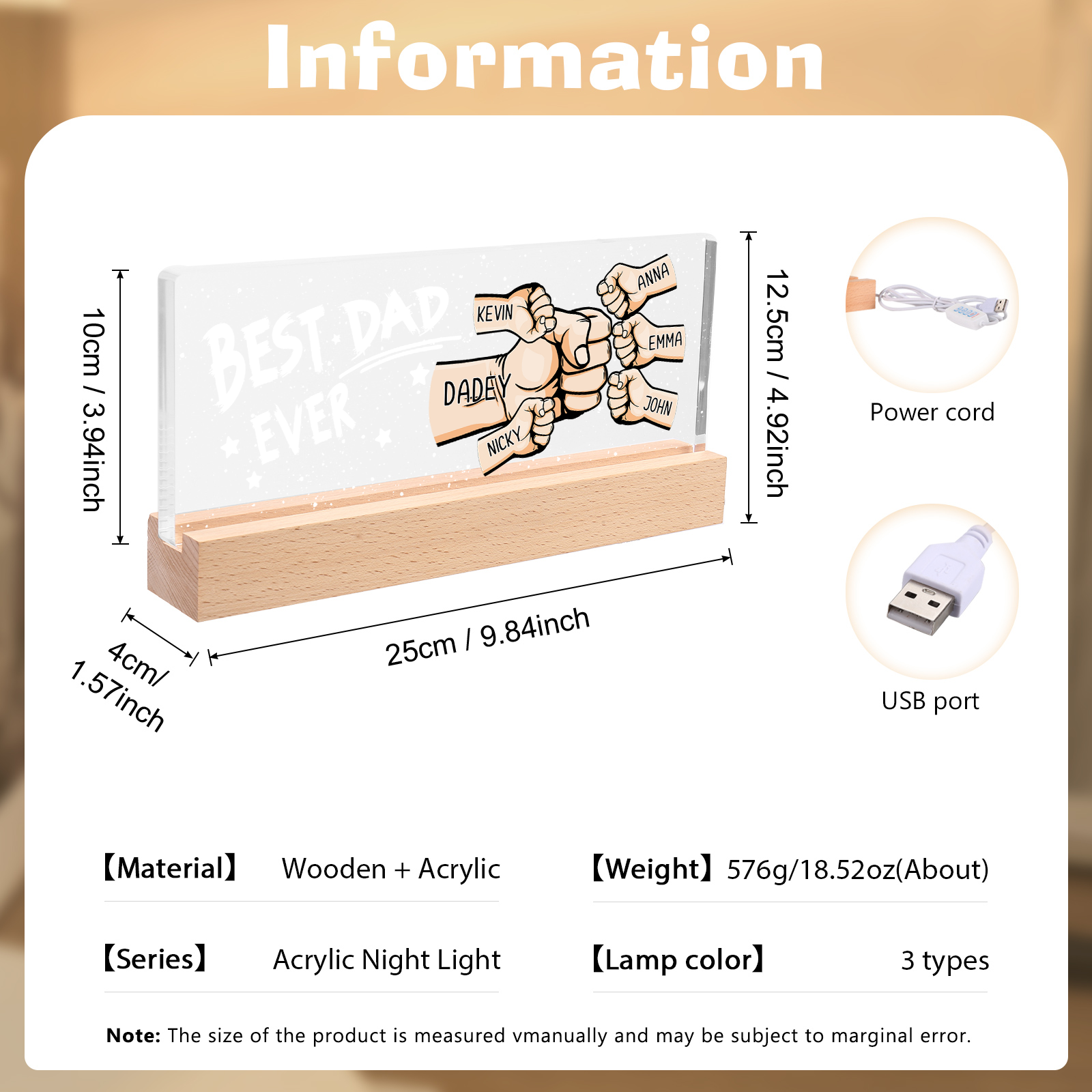 Best Dad Ever - Personalised 6 Names Acrylic Night Light Custom Fist Bump LED Lamp Fathers Day Gifts-Jessemade AU