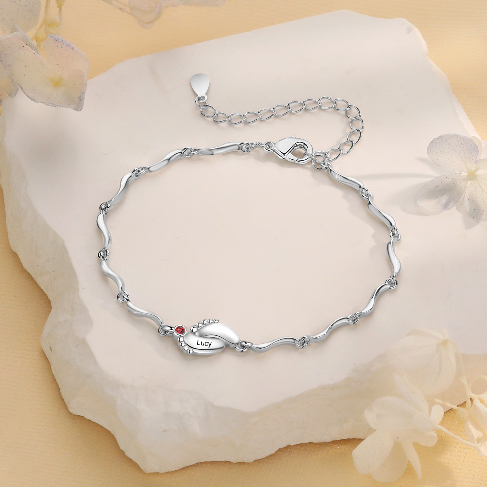 Personalised Baby Feet Bracelet Custom 1 Birthstone & 1 Name Adjustable Bracelet Gift for Her-Jessemade AU