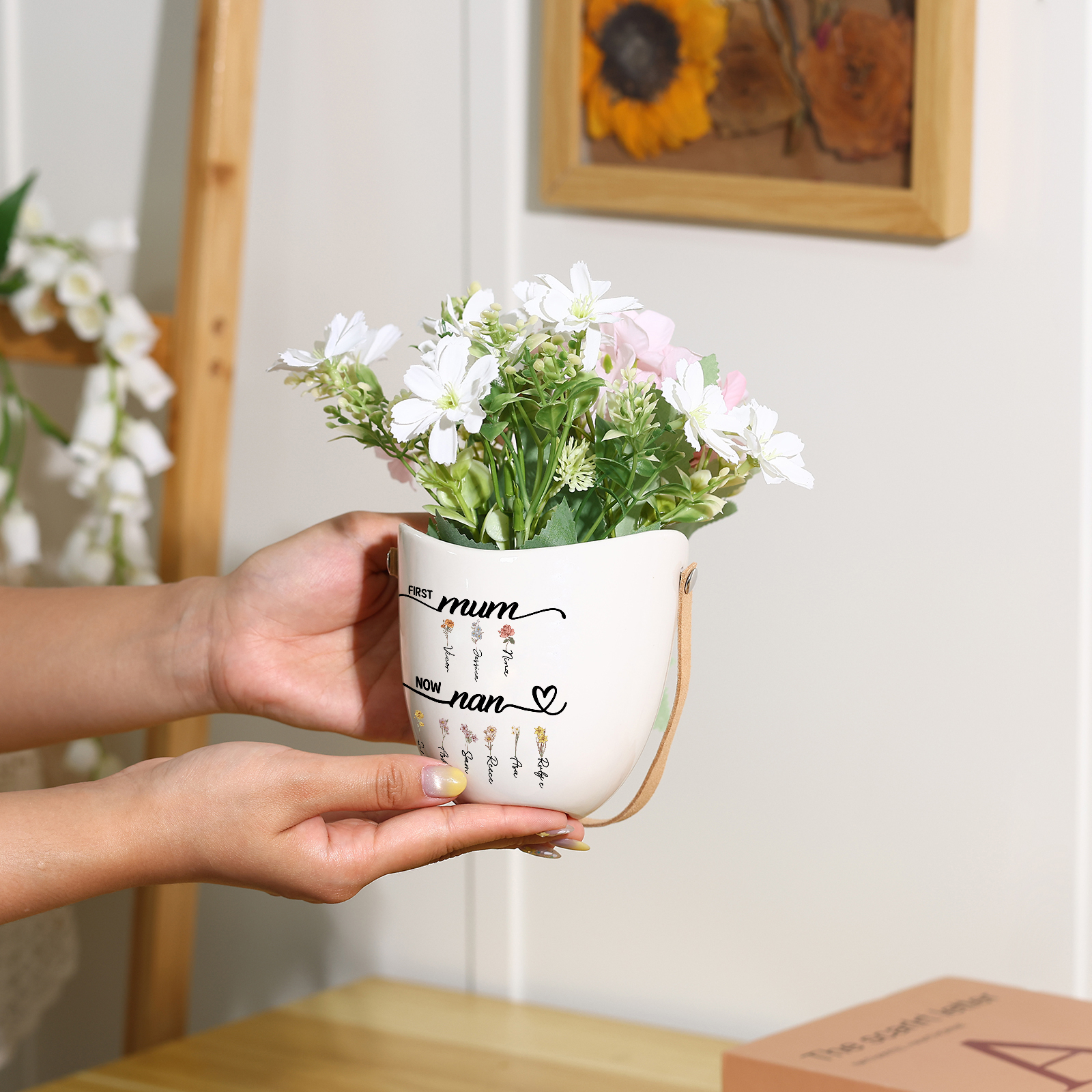 Personalised Ceramic Wall Planter with Birth Flower - First Mum, now Nan