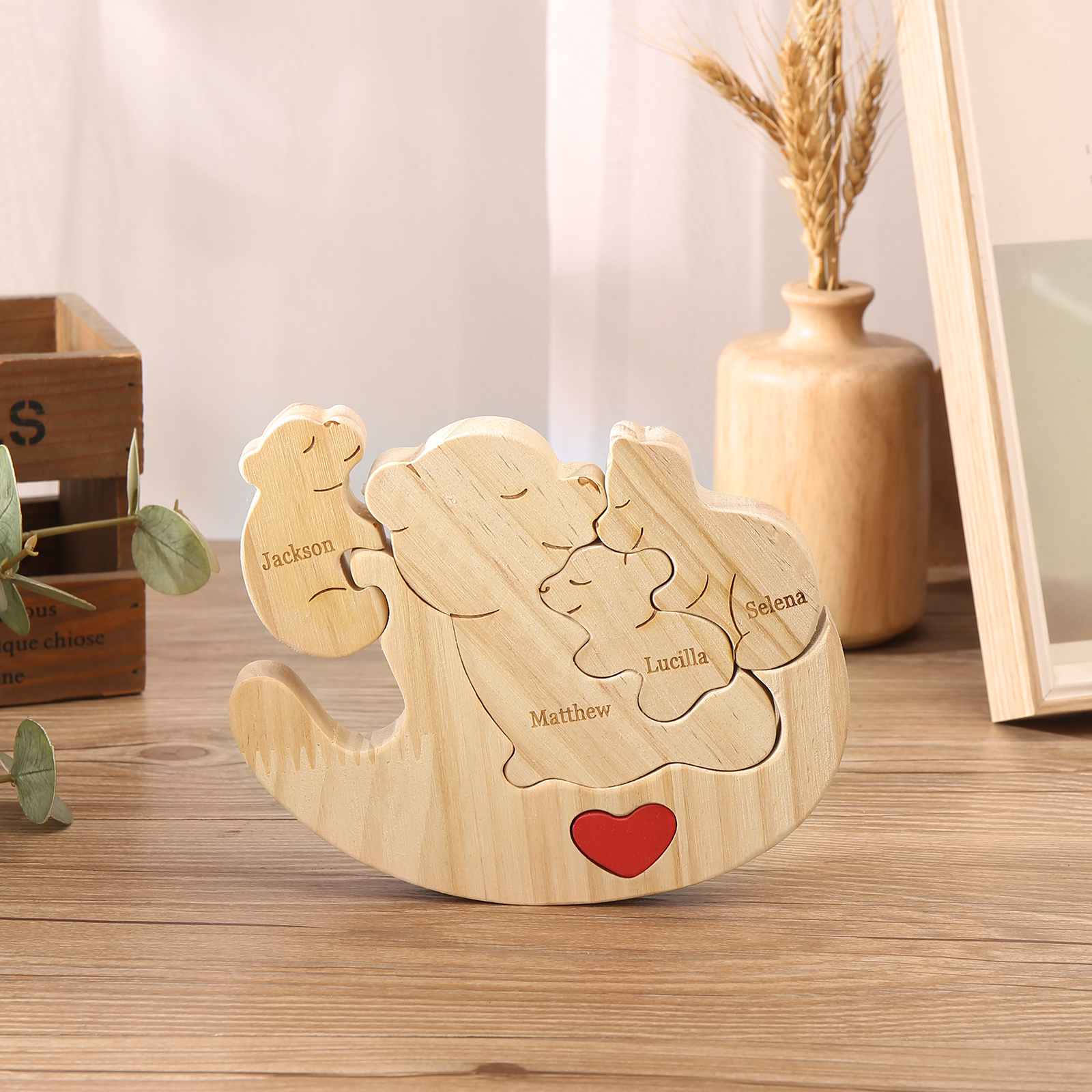 Personalised Wooden Bear Family Puzzles Custom 4 Names Animal Heart Ornaments Fathers Day Gifts-Jessemade AU
