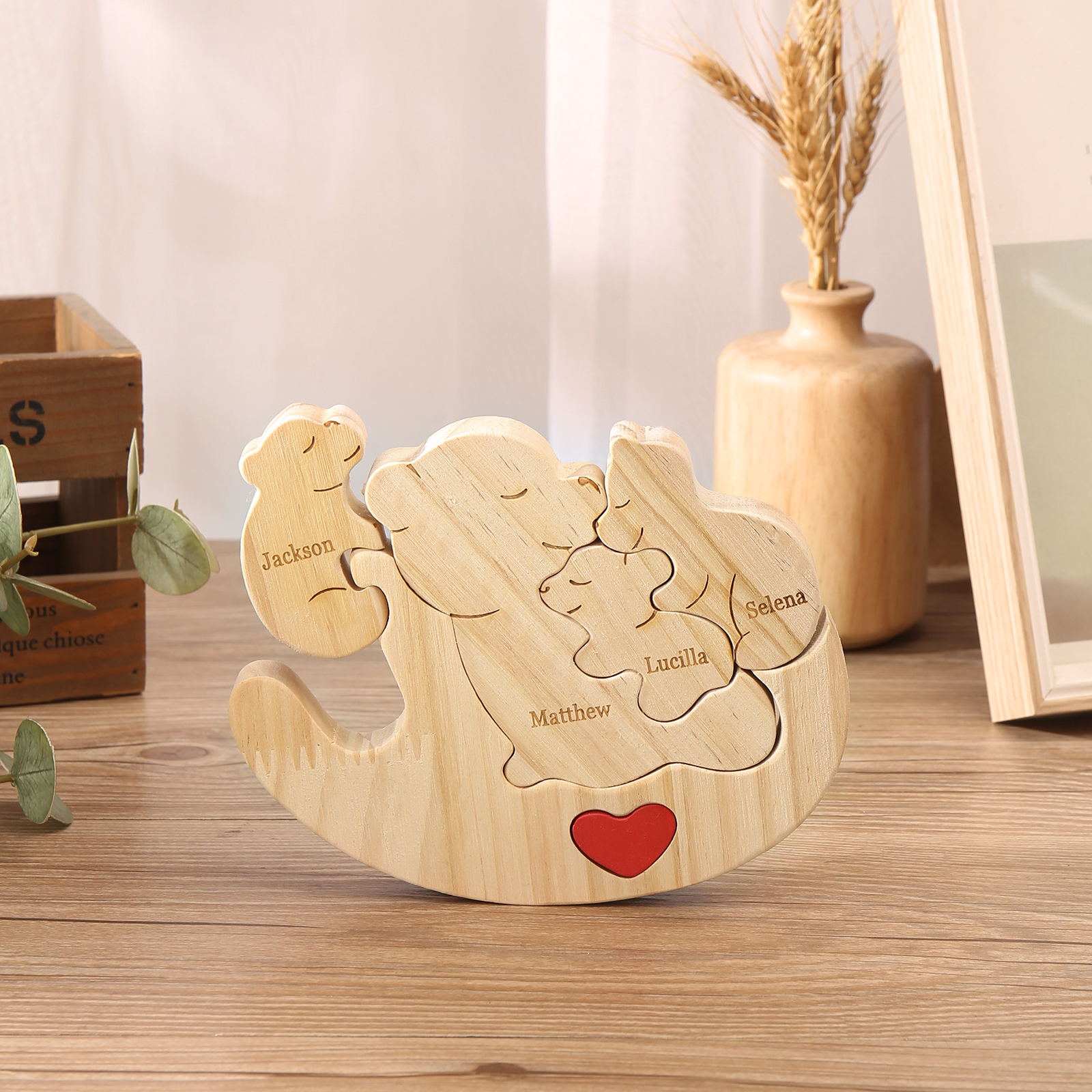 Personalised Wooden Bear Family Puzzles Custom 4 Names Animal Heart Ornaments Fathers Day Gifts-Jessemade AU