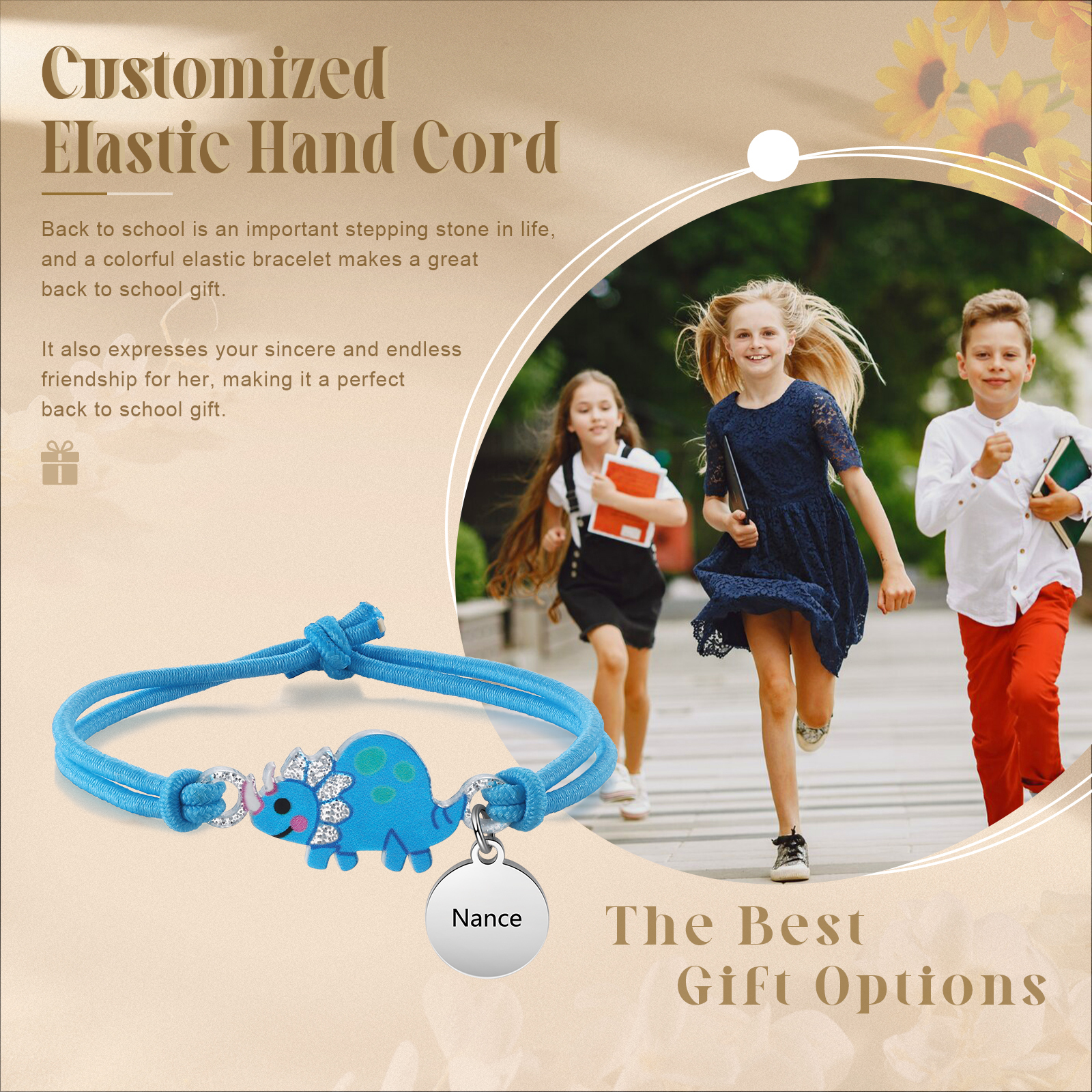 2 Pcs Bracelet Set Custom Names Blue Dinosaur Charm Hair Ties Back To School Gift - My Heart Will Be With You Throughout The Day-Jessemade AU