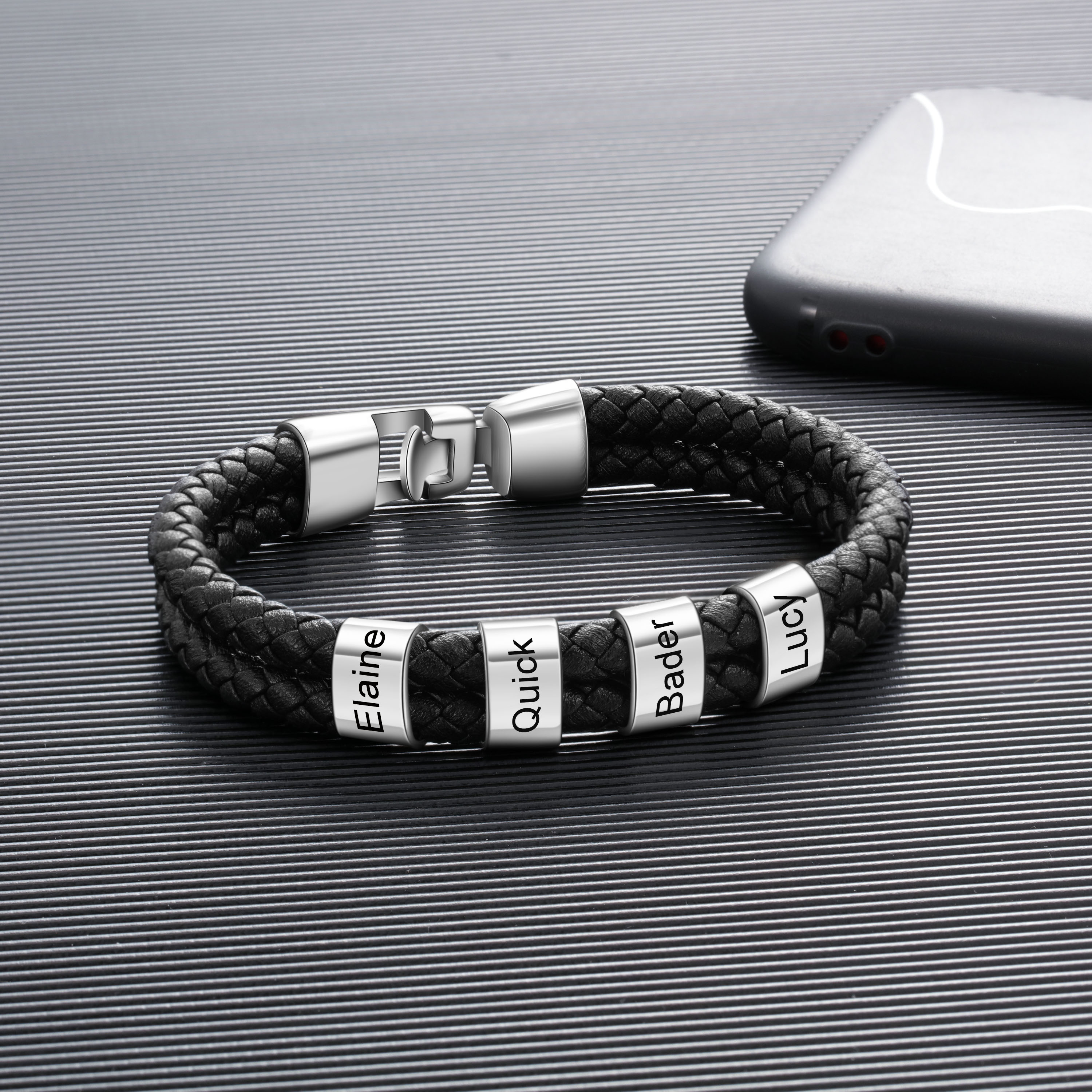 4 Names Personalised Braided Leather Bracelet Engraved Men's Bracelet for Him