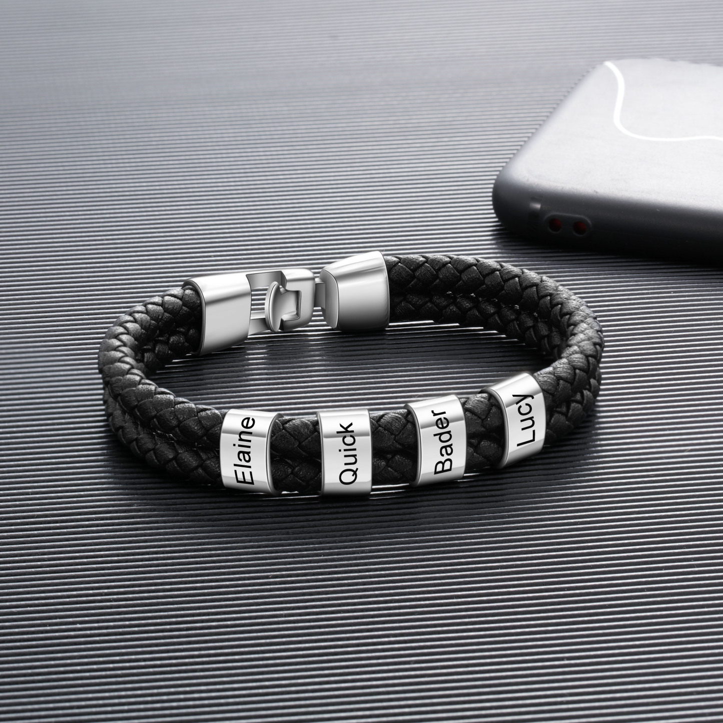 4 Names Personalised Braided Leather Bracelet Engraved Men's Bracelet for Him