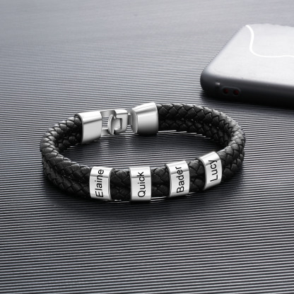 4 Names Personalised Braided Leather Bracelet Engraved Men's Bracelet for Him