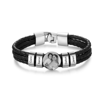 Personalised Men's Leather Bracelet Custom 4 Names & 1 Photo Braided Bracelet Father's Day Gifts for Him-Jessemade AU