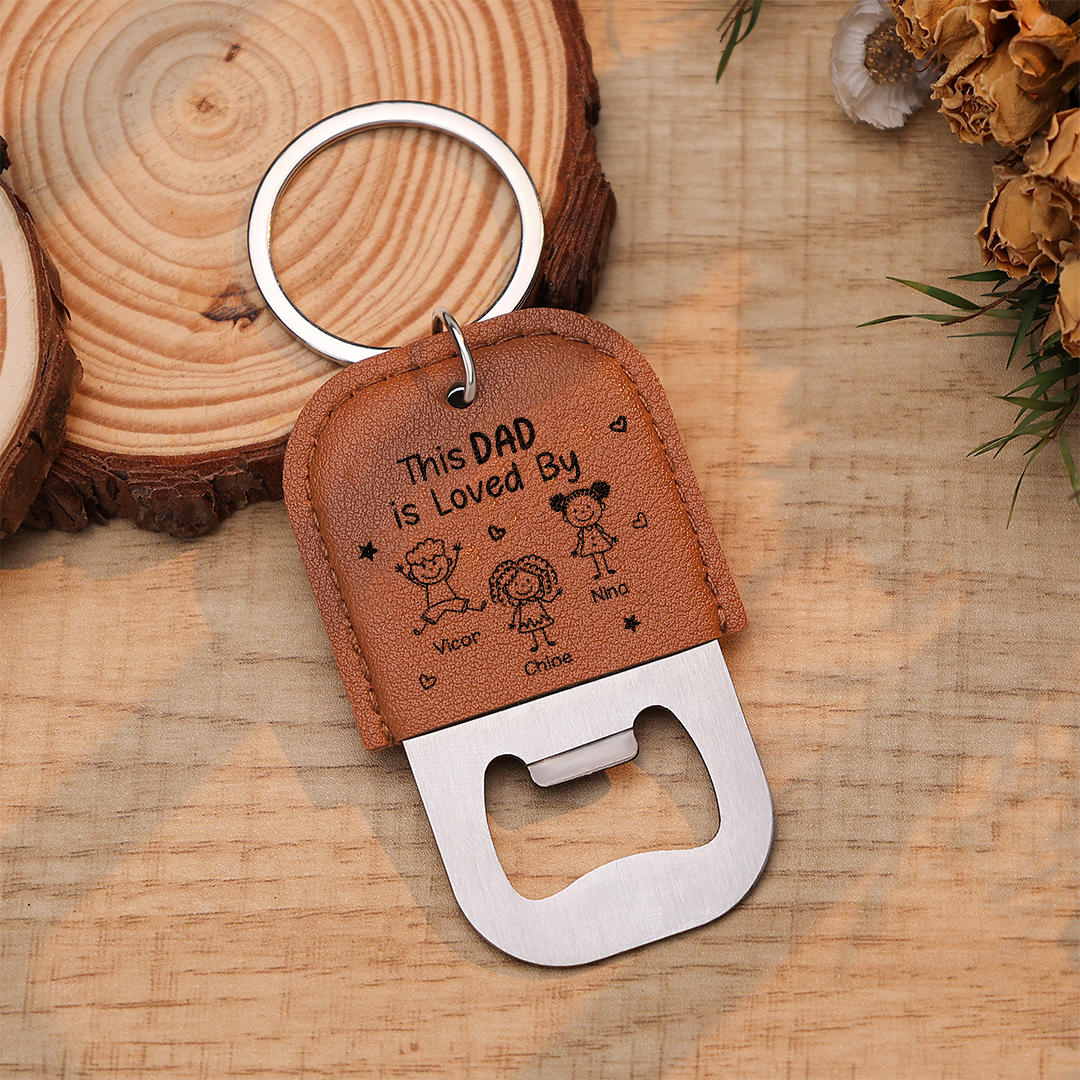 Personalised Leather Keyring with Bottle Opener and Engraving of 1 to 6 Children’s Names