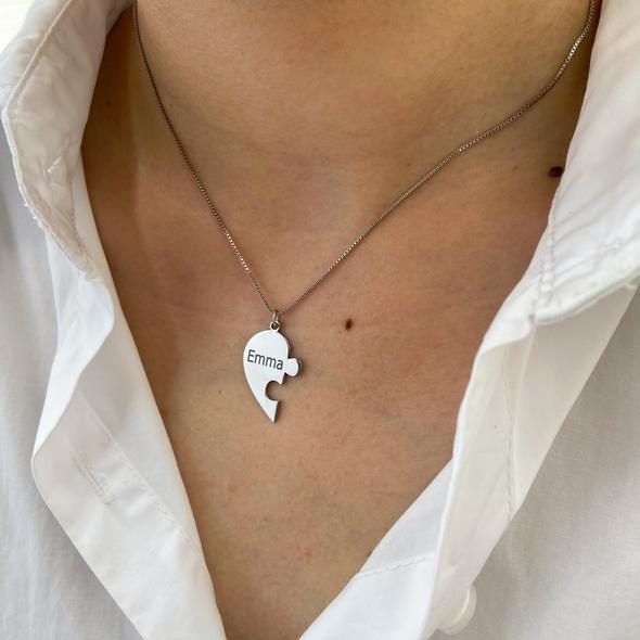 Personalised Heart Puzzle Necklace Engraved 2 Names Matching Necklace Gifts for Couple