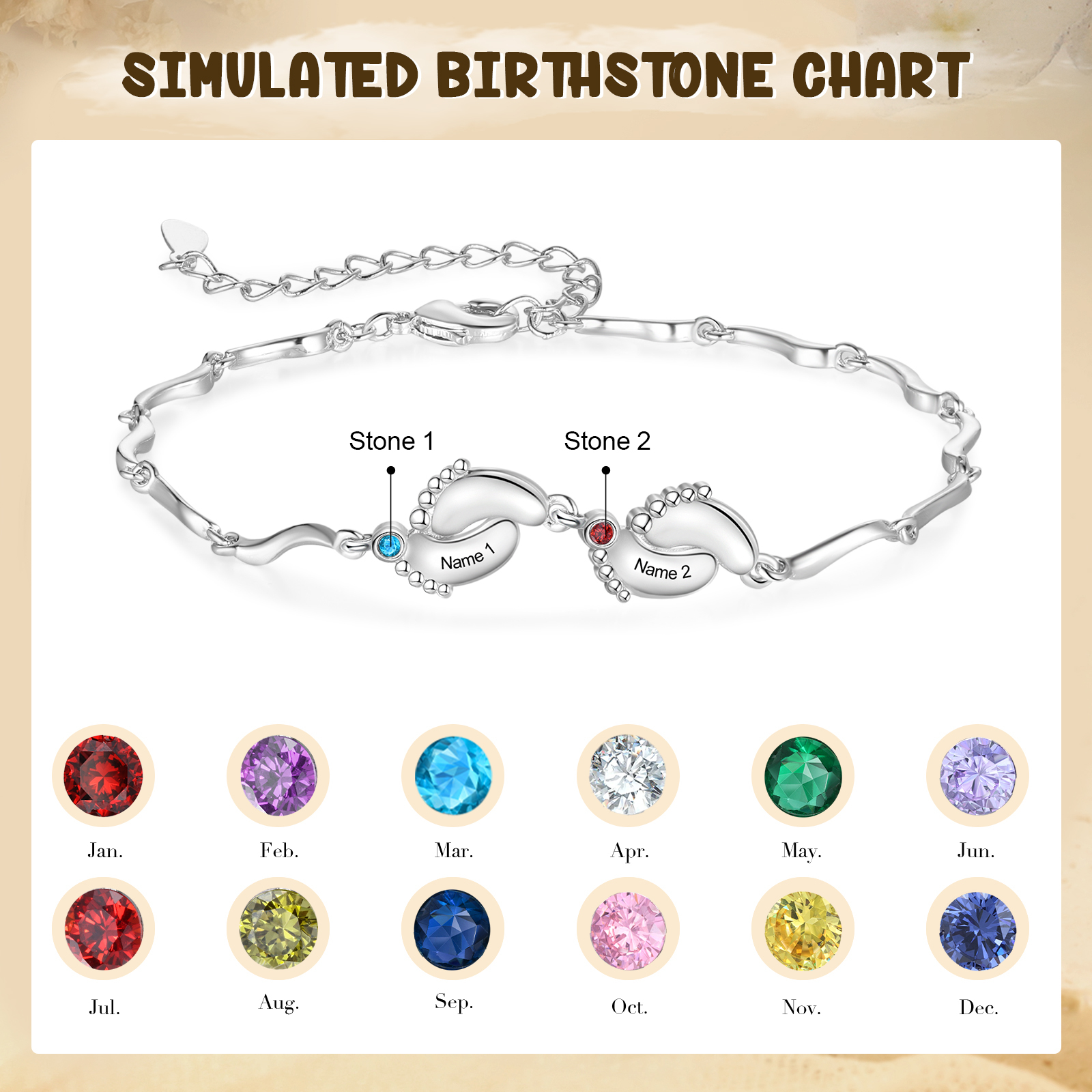 Personalised Baby Feet Bracelet Custom 2 Birthstones & 2 Names Adjustable Bracelet Gift for Her-Jessemade AU