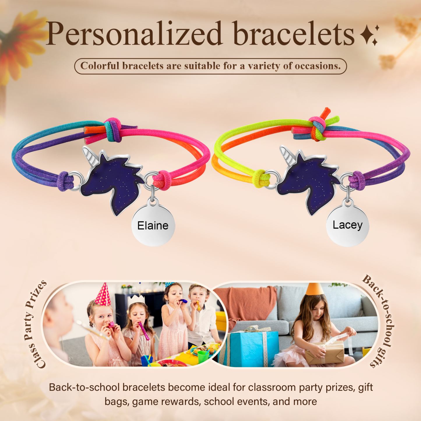 2 Pcs Bracelet Set Custom Names Unicorn Charm Hair Ties Back To School Gift for Daughter - Live, Dream And Shine Like A Unicorn-Jessemade AU